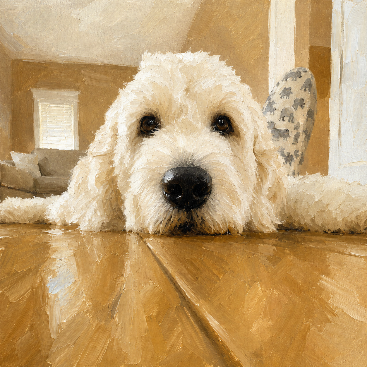 Oil portrait of DeeDee, a white dog resting her chin on a hardwood floor