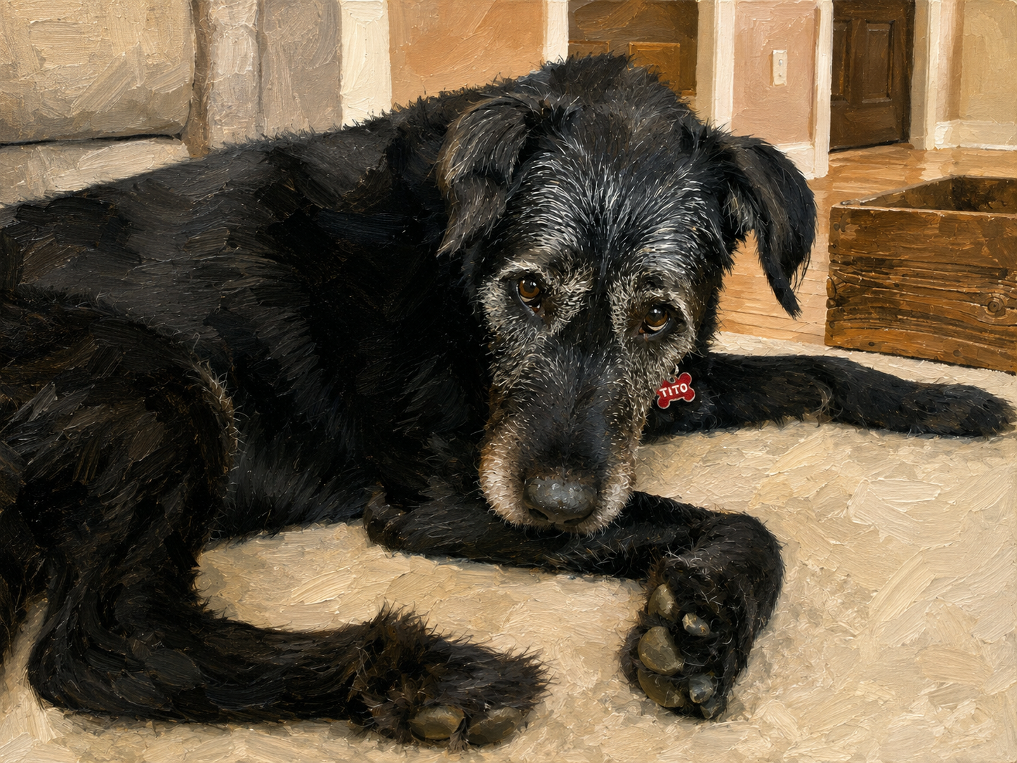 Oil portrait of Tito, a black dog resting on a sunlit floor