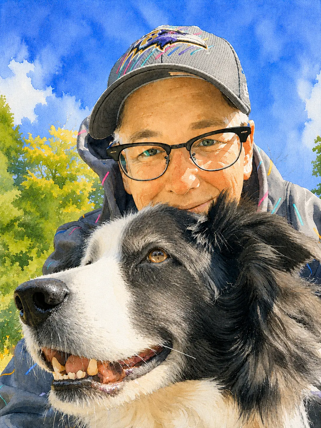 The artist with her border collie on a bright autumn day