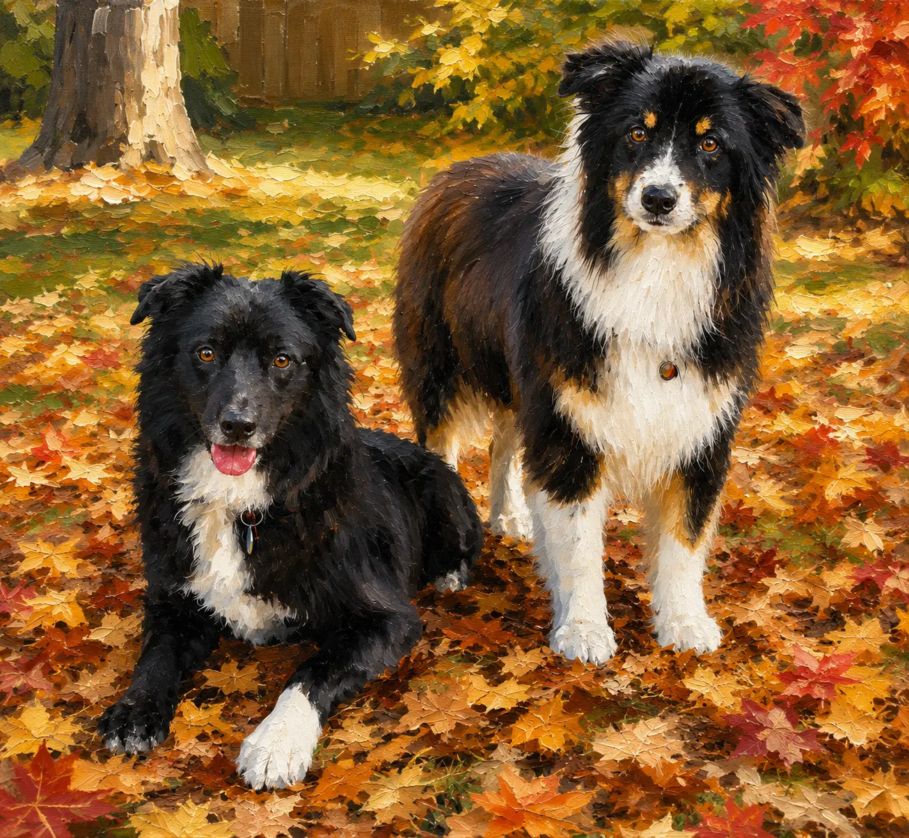 Watercolor portrait of two dogs among autumn leaves