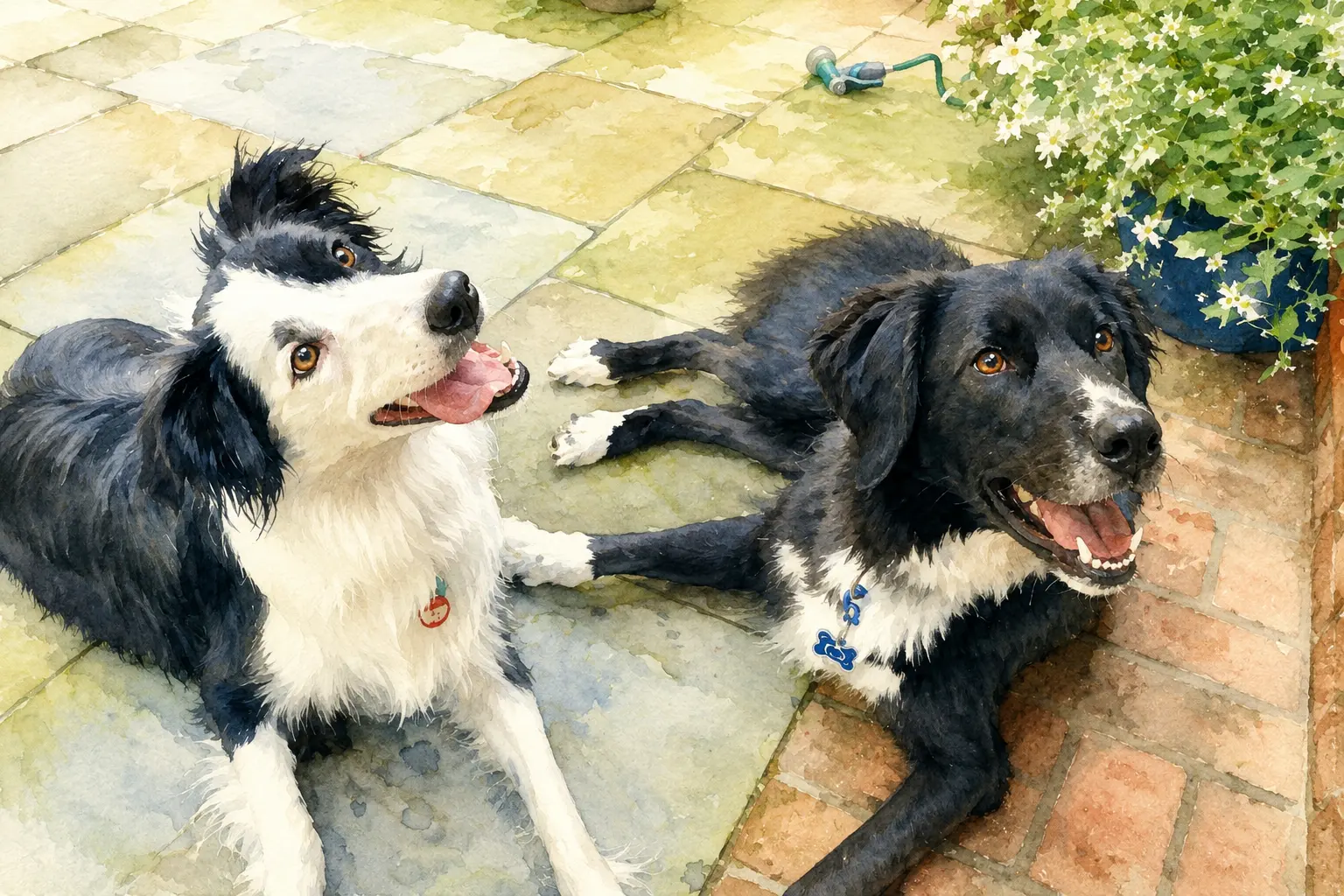 Watercolor of a black-and-white dog and a black dog resting on a stone patio