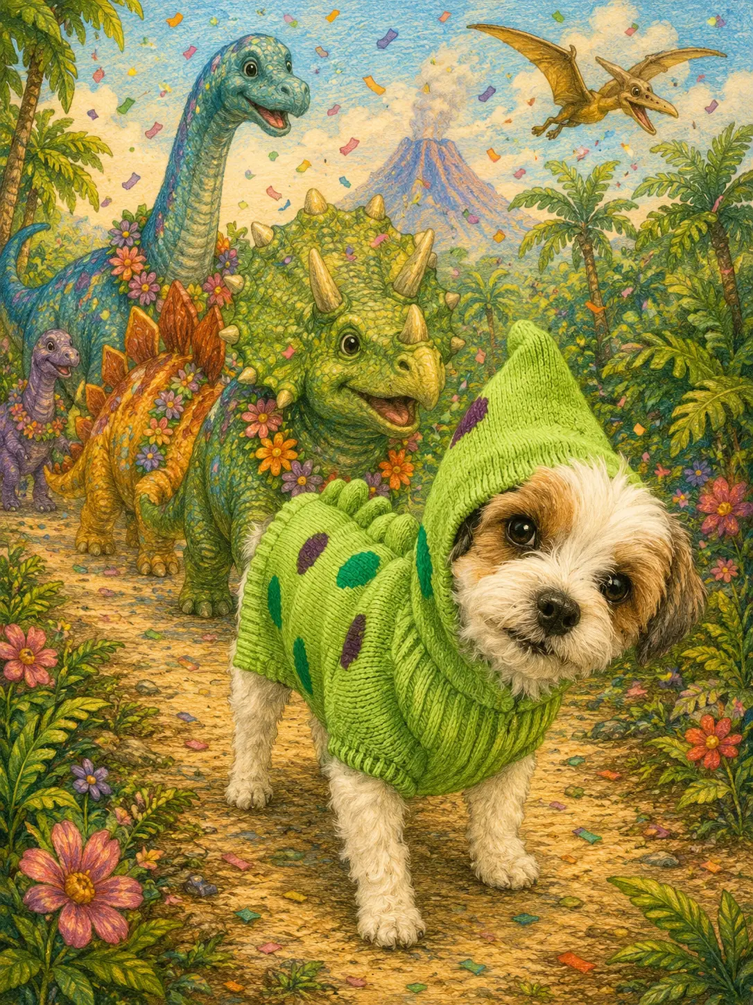 Small dog in a dinosaur sweater joining a prehistoric parade