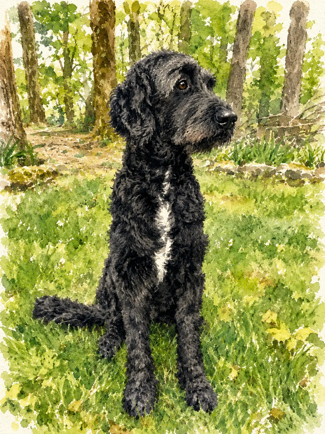 Watercolor portrait of a black doodle sitting in a sunlit spring woodland