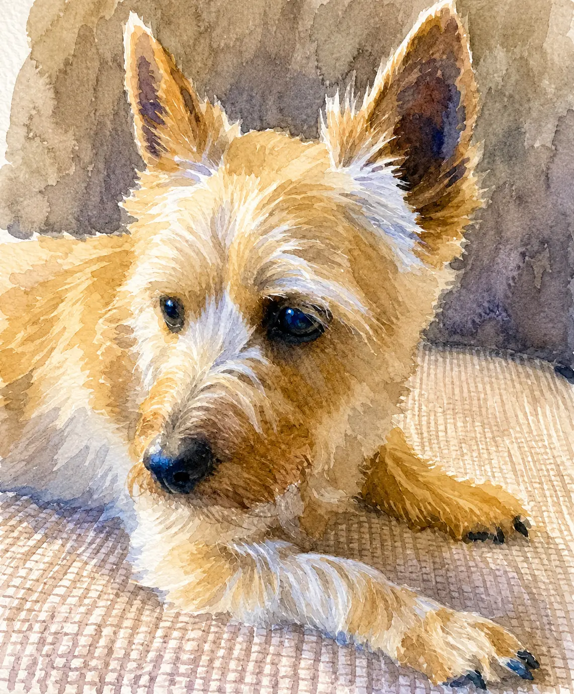 Watercolor portrait of a small terrier resting on a rug