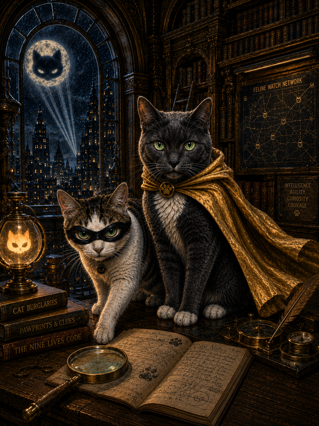 Two cats as caped superheroes in a lamplit library beneath a cat-signal moon