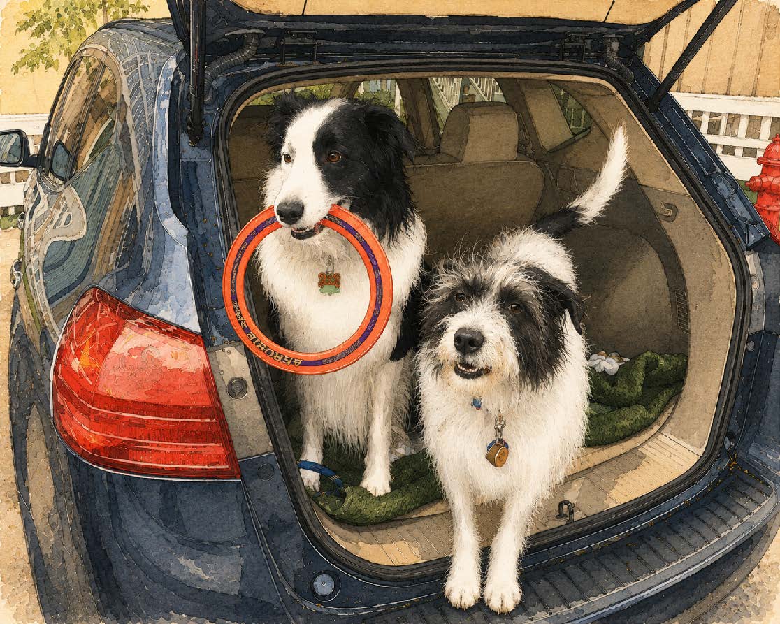 Watercolor portrait of Nap and Edie in the back of a car