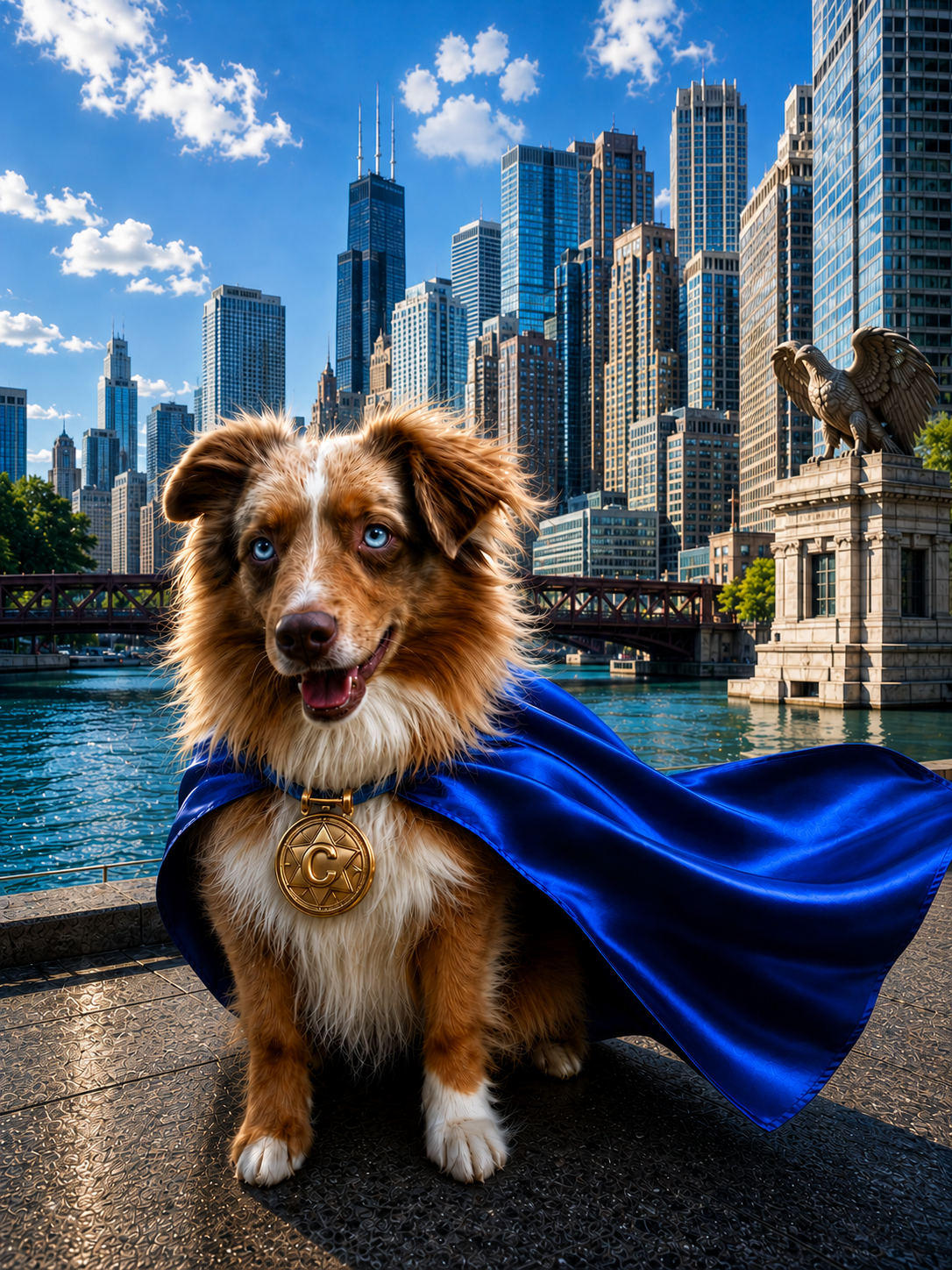 Caped dog before the Chicago skyline
