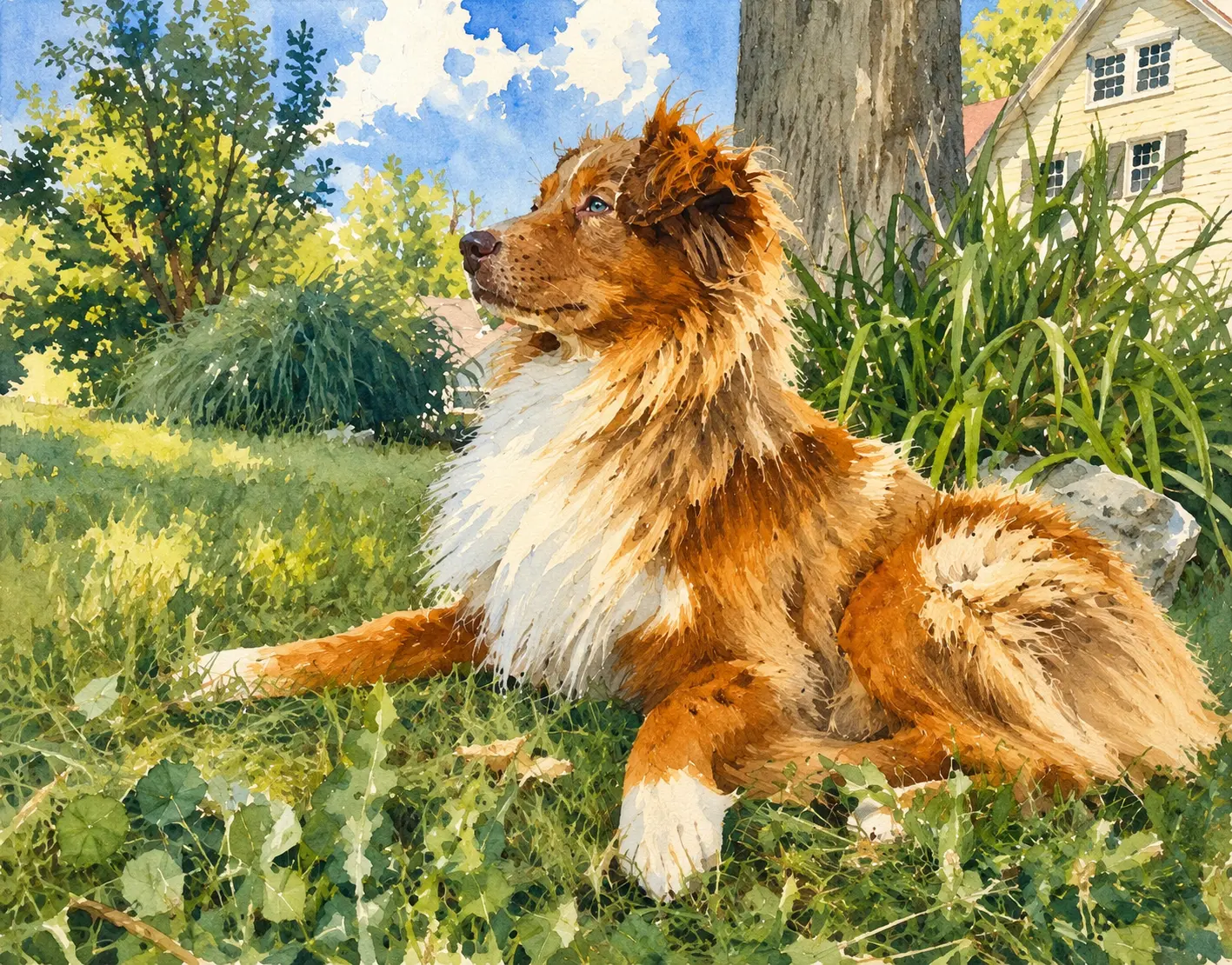 Watercolor of a red merle dog resting in summer grass