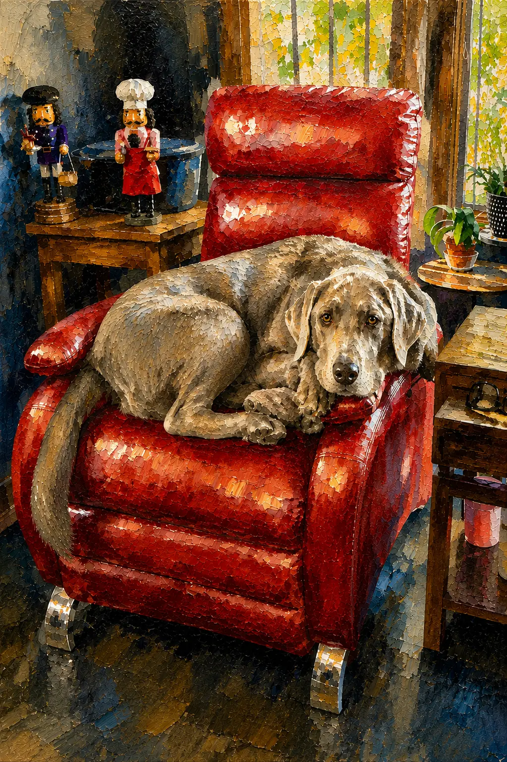 Oil painting of a dog curled in a red armchair