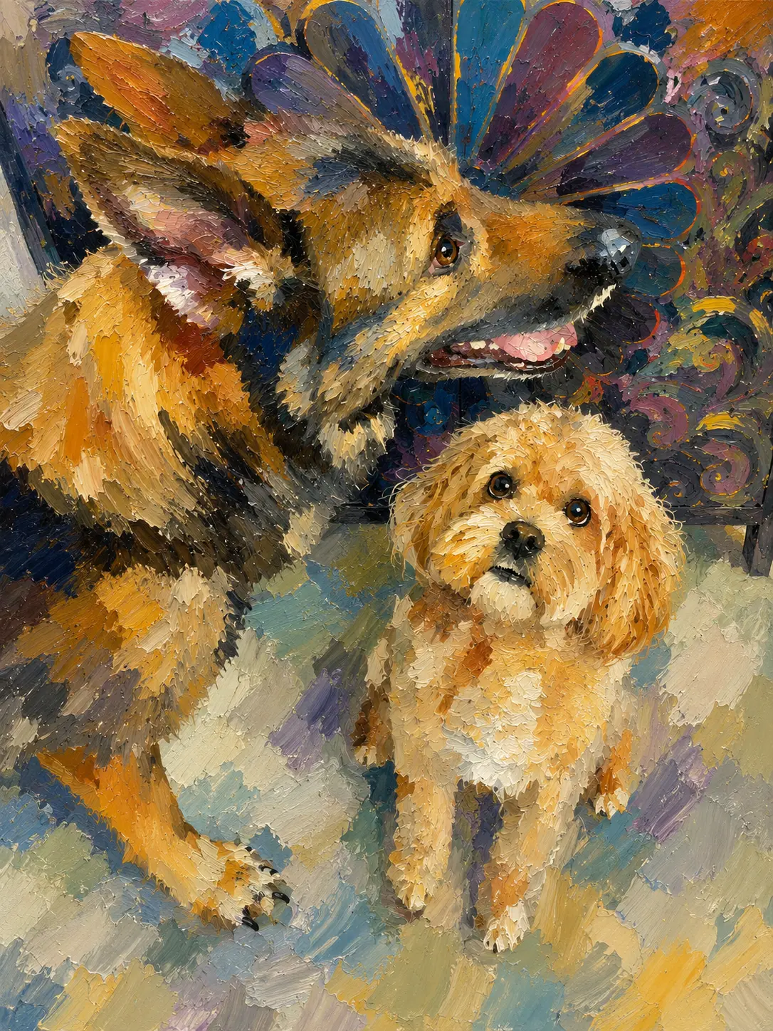 Oil portrait of a shepherd and a small golden doodle
