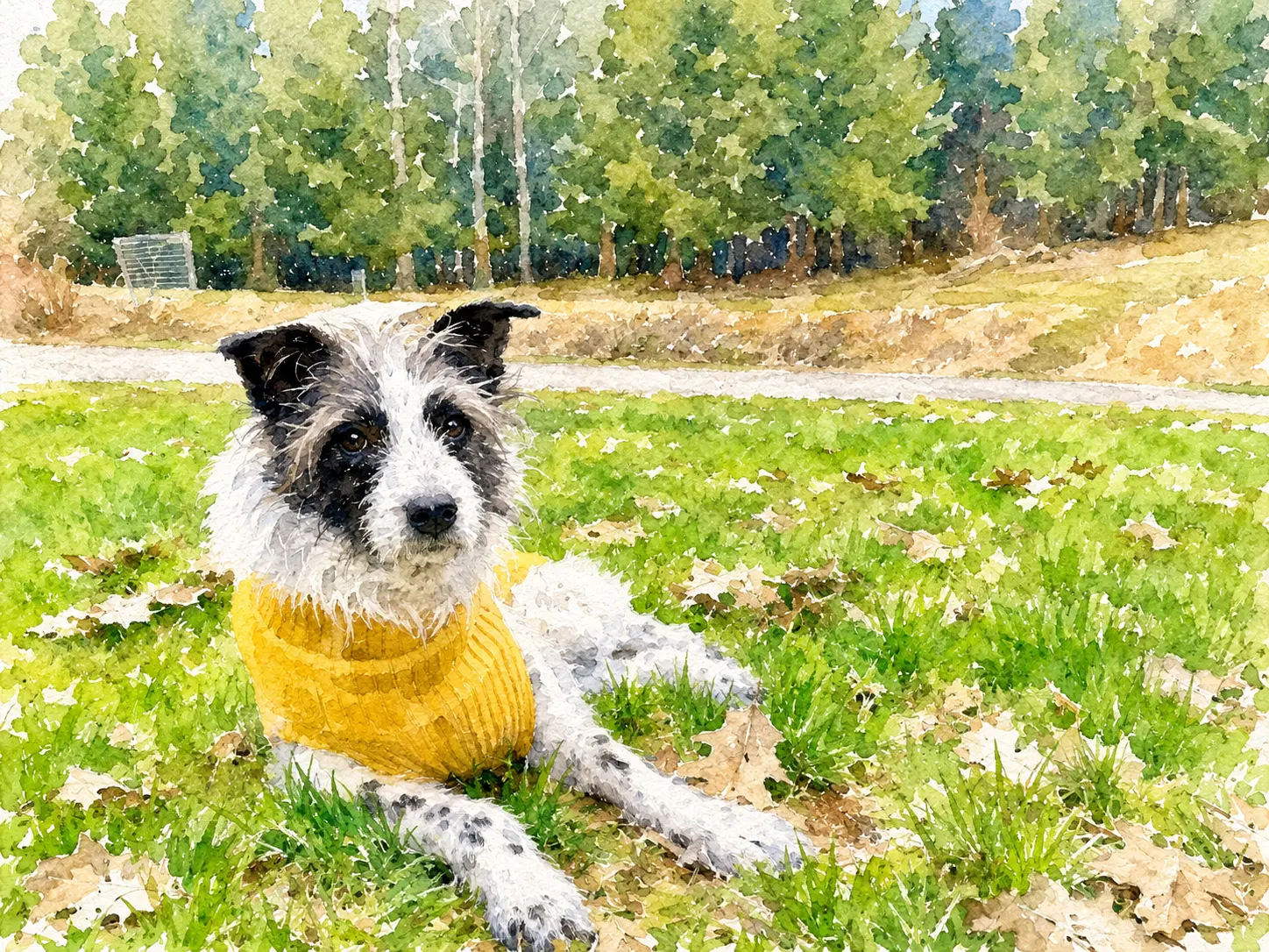 Watercolor portrait of Edie in a yellow sweater resting in a grassy park