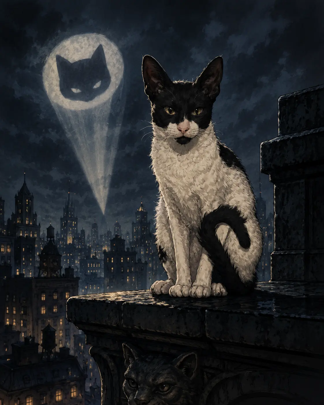 Tuxedo cat on a rooftop beneath a cat-signal moon