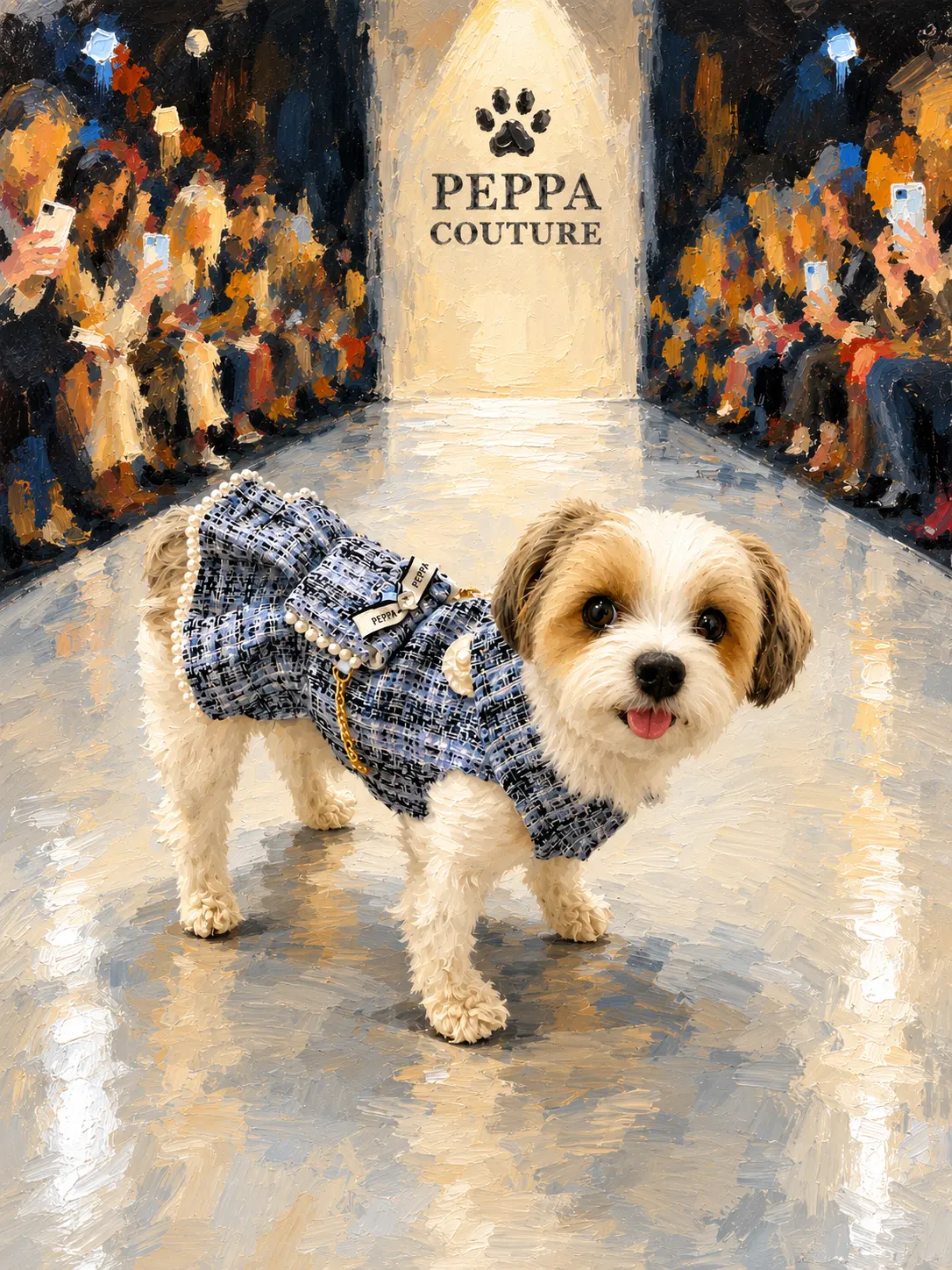 Oil portrait of a small dog on a couture runway